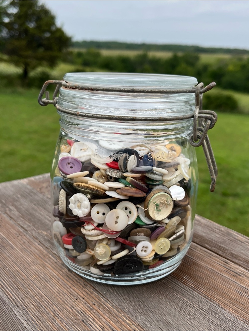 Vintage Arc France Clear Glass Canister Jar Wire Bail Lid With Vintage Buttons